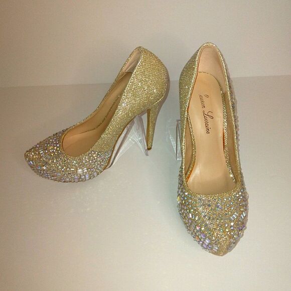 LAUREN LORRAINE CRYSTAL GOLD CINDERELLA BLING CRYSTAL HIGH HEEL SHOES - SIZE 7 - Picture 3 of 11